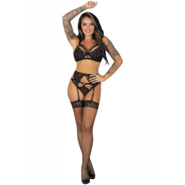 LIVCO CORSETTI FASHION - POJZON LC 90670 SOUTIEN-GORGE + JARRETIÈRE + BAS + CULOTTE NOIR