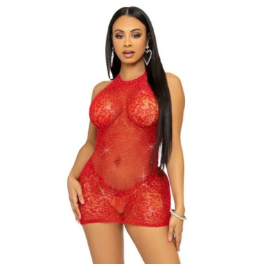 LEG AVENUE - RHINESTONE HALTER MINI ROBE TAILLE UNIQUE - ROUGE