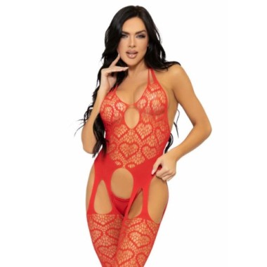 LEG AVENUE - BODYSTOCKING JARRETELLES EN FILET TAILLE UNIQUE - ROUGE