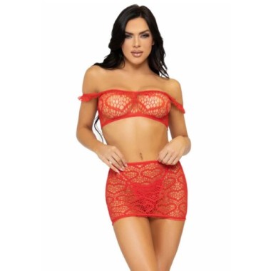 ENSEMBLE TROIS PIÈCES TOP, MINI-JUPE ET STRING TAILLE UNIQUE - ROUGE