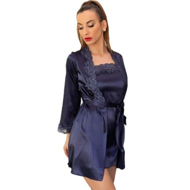 JACQUELINE LC 90249 ROBE DE CHAMBRE + CHEMISE + CULOTTE BLEU MARINE L/XL