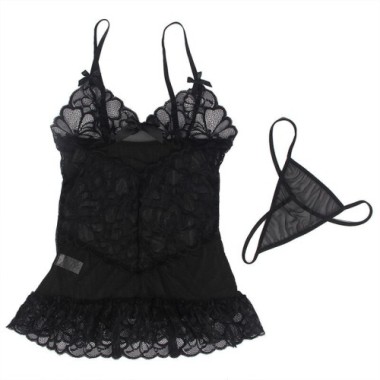 BABYDOLL BRETELLES RÉGLABLES ET DENTELLE TRANSPARENTE IMPRIMÉ FLEURI NOIR L/XL