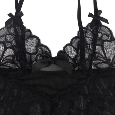 BABYDOLL BRETELLES RÉGLABLES ET DENTELLE TRANSPARENTE IMPRIMÉ FLEURI NOIR L/XL