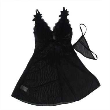 TISSU TULLE BABYDOLL AVEC DENTELLE ET DÉTAIL FLEUR NOIR L/XL