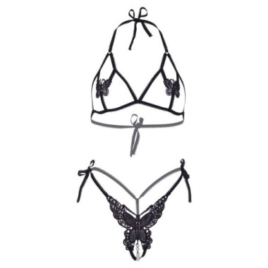 ENSEMBLE DEUX PIÈCES SOUTIEN-GORGE ET CULOTTE PAPILLONS & PERLES TAILLE UNIQUE - NOIR